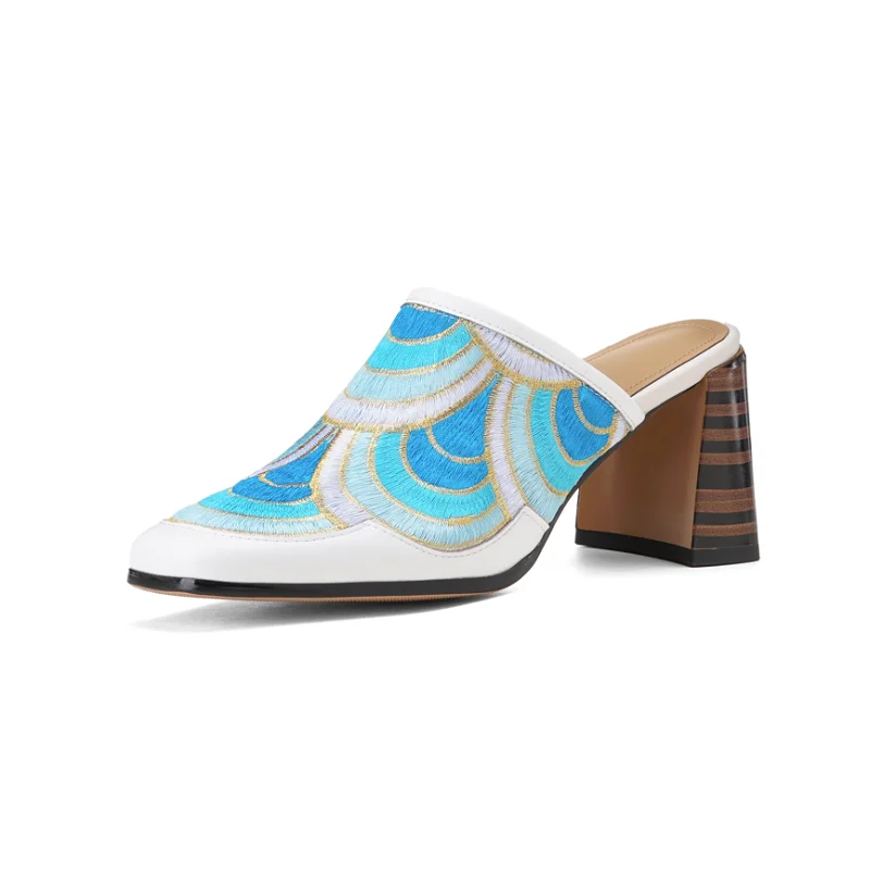 

Женская летняя обувь, сабо на толстом каблуке с вышивкой, туфли ручной работы, туфли без шнуровки в этническом стиле, богемные полуслипоны, туфли-лодочки с круглым носком