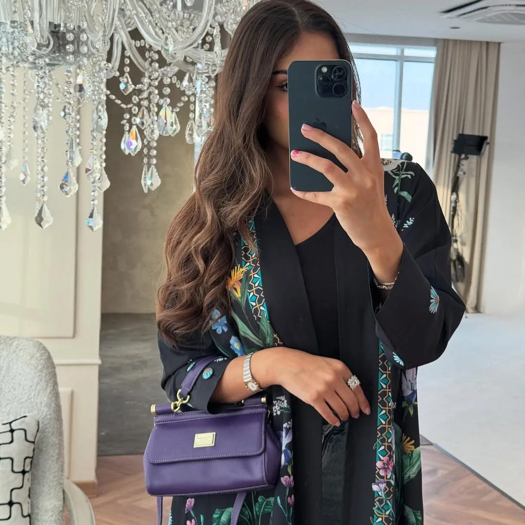 단정한 오픈 아바야 여성 무슬림 드레스 디지털 프린트 중동 이슬람 의류 아바야 두바이 카디건 로브 (헤드스카프 포함)