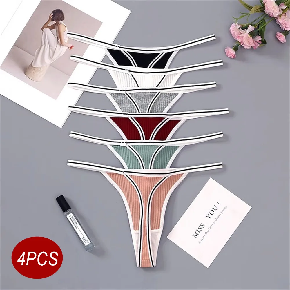 4Pc Sports Women's Cotton Thong Daily Wear Solid Color Fitness T-back Underwear Sexy Hot Low Waist Yoga G-string Stripe Lingerie