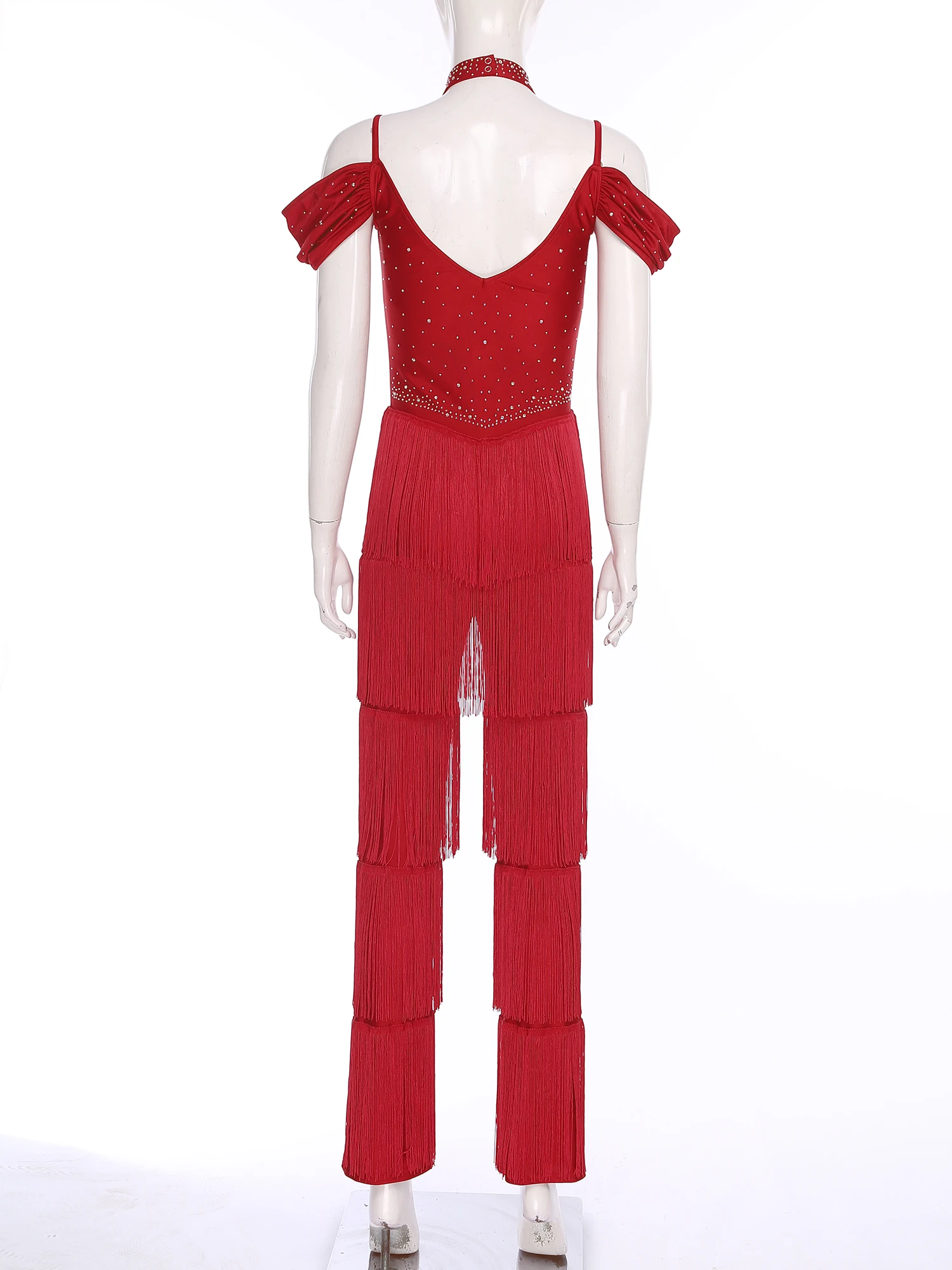 Pagliaccetti da ballo latino samba da donna con strass a strati nappa halter con spalle scoperte tuta intera per festa di ballo da sala rumba