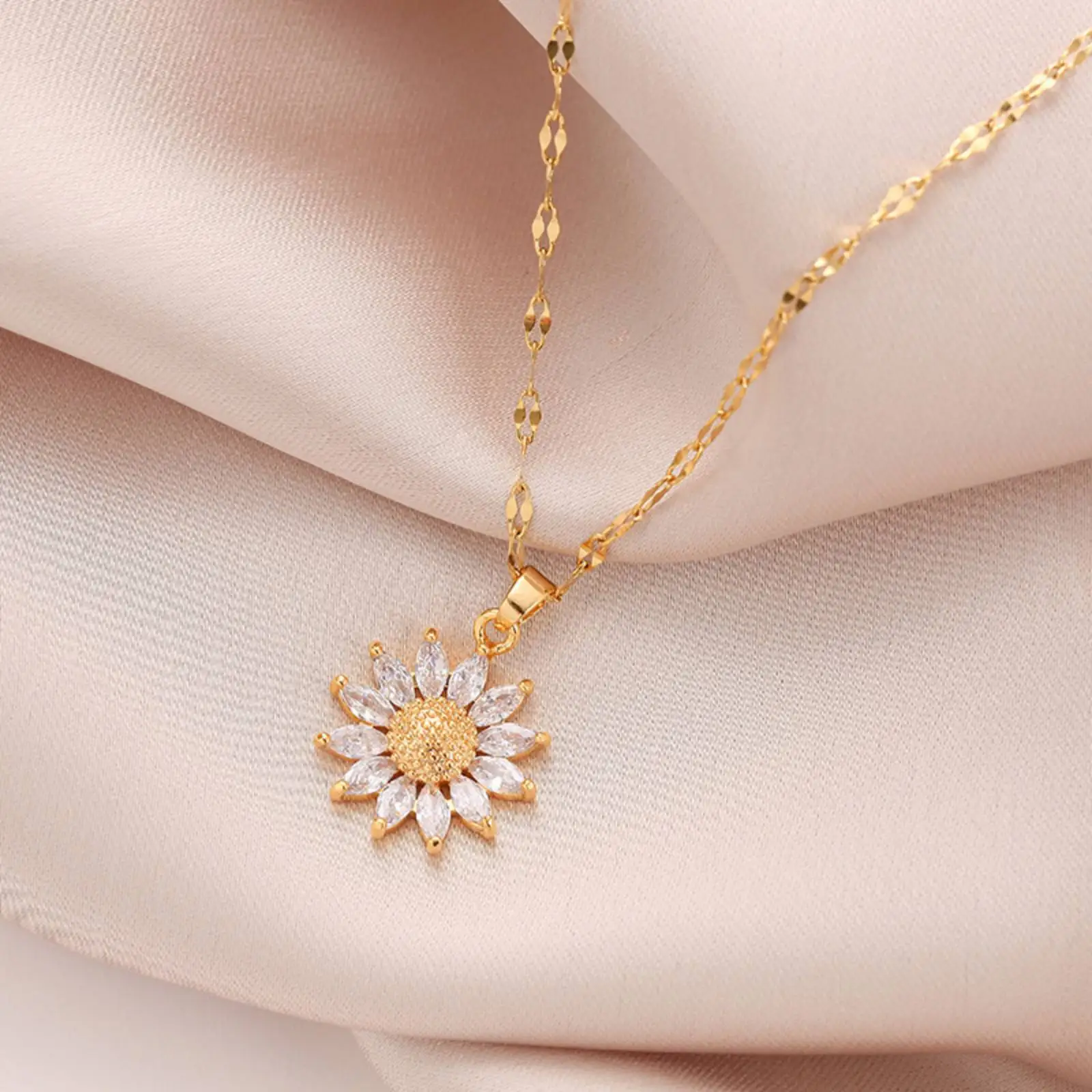 Glänzende Sonnenblumen-Anhänger-Halskette für Frauen und Mädchen, Geschenke, Edelstahl-Schmuckzubehör – Detail 2