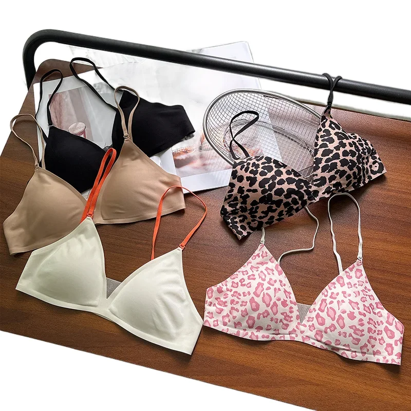 KUCLUT Sexy Leopard Print French Triangle Cup Bra Women's Small Chest Gathered Seamless No Steel Ring Beautiful Back Underwear