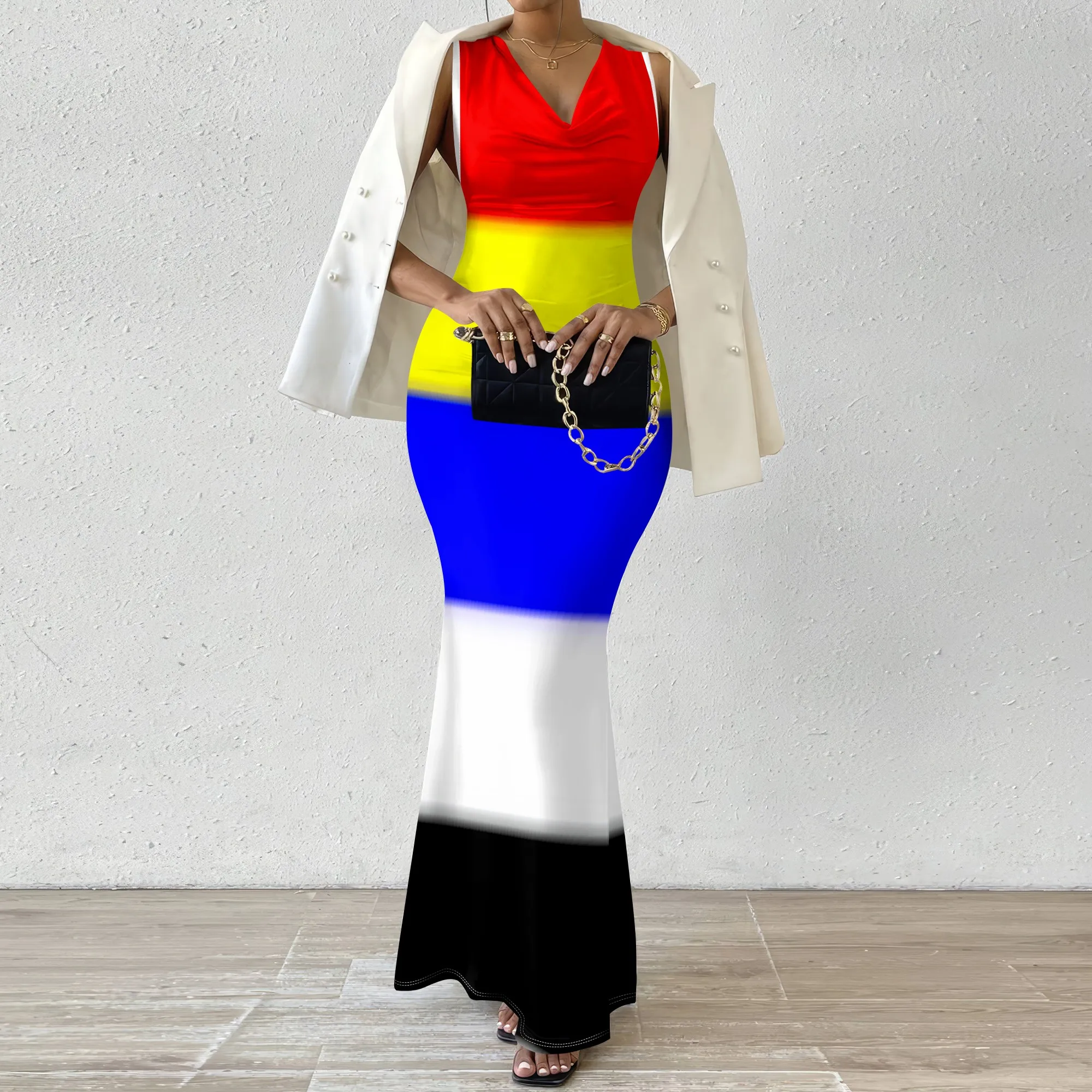 

African Print Style Maxi Dress Women Juneteenth Kwanzaa Party Color Block Bodycon Mermaid Long Dress V Neck Sleeveless XS-2XL