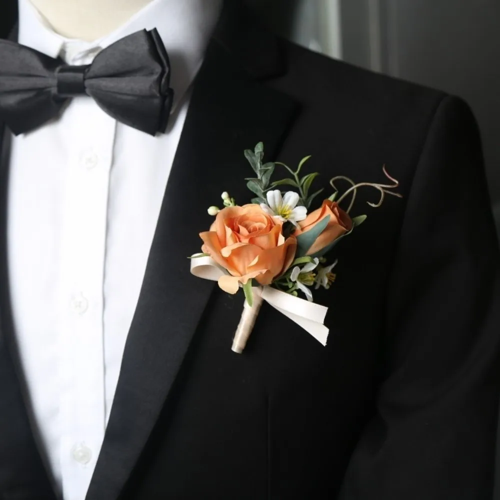Flores Artificiales para Boutonnière, Rosas Hechas a Mano, Corsage de Muñeca para Novia y Dama de Honor, Flor de Seda para el Pecho del Novio, Accesorios de Boda