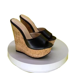 DIZHUANG shoes Elegant women's high heeled slippers. About 15 cm heel height. Wedges heeled slippers. Mule women's shoe Summers.