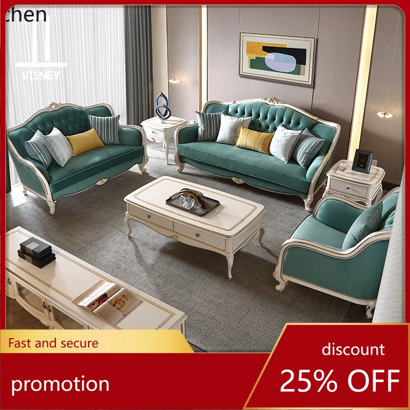 

HXL light luxury fabric sofa high-end European living room solid wood carving flower three-person sofa combination