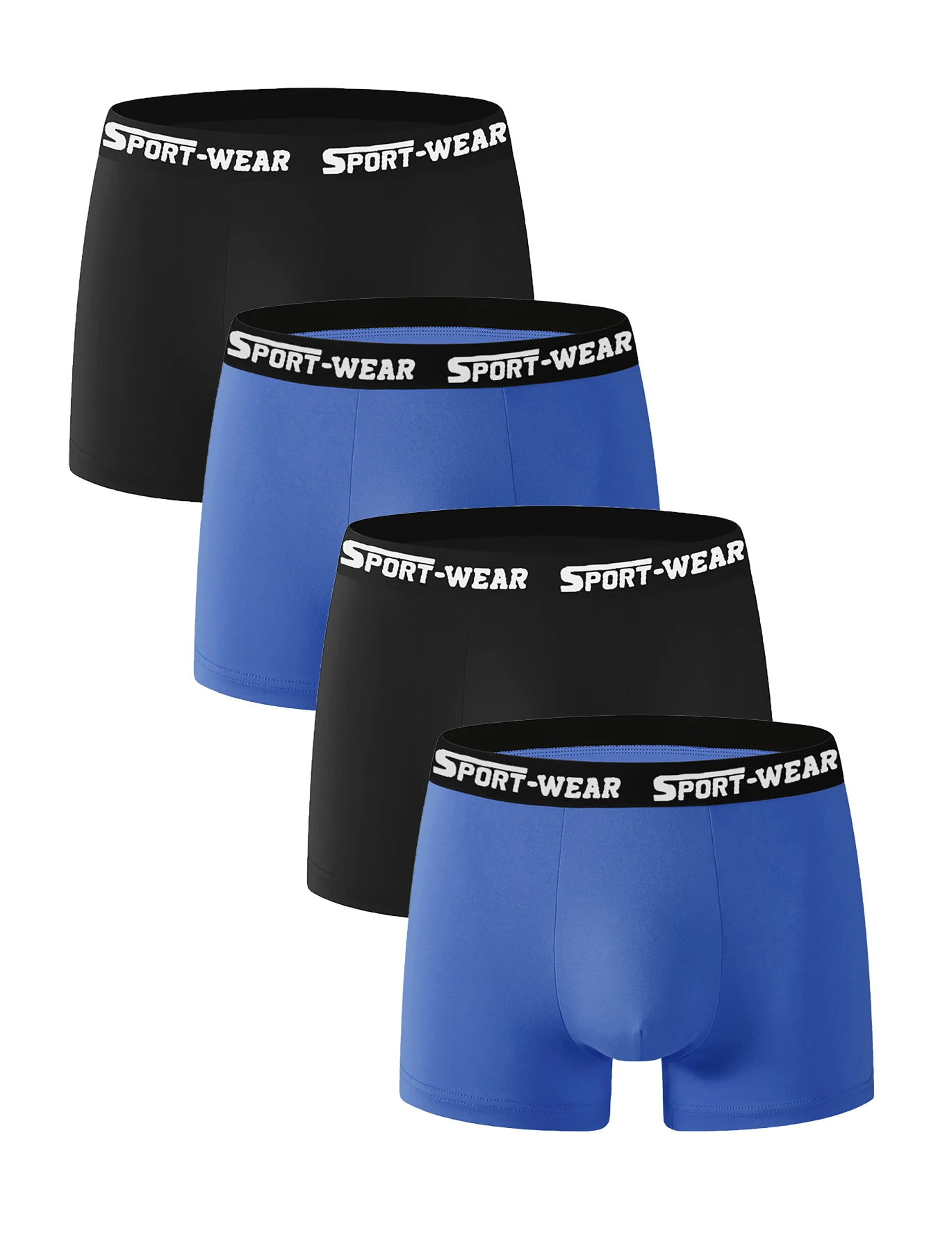

Men's Polyester Boxer Briefs Set - 4-Piece, "SPORT-WEAR" Logo Waistband, Black & Blue Athletic Underwear