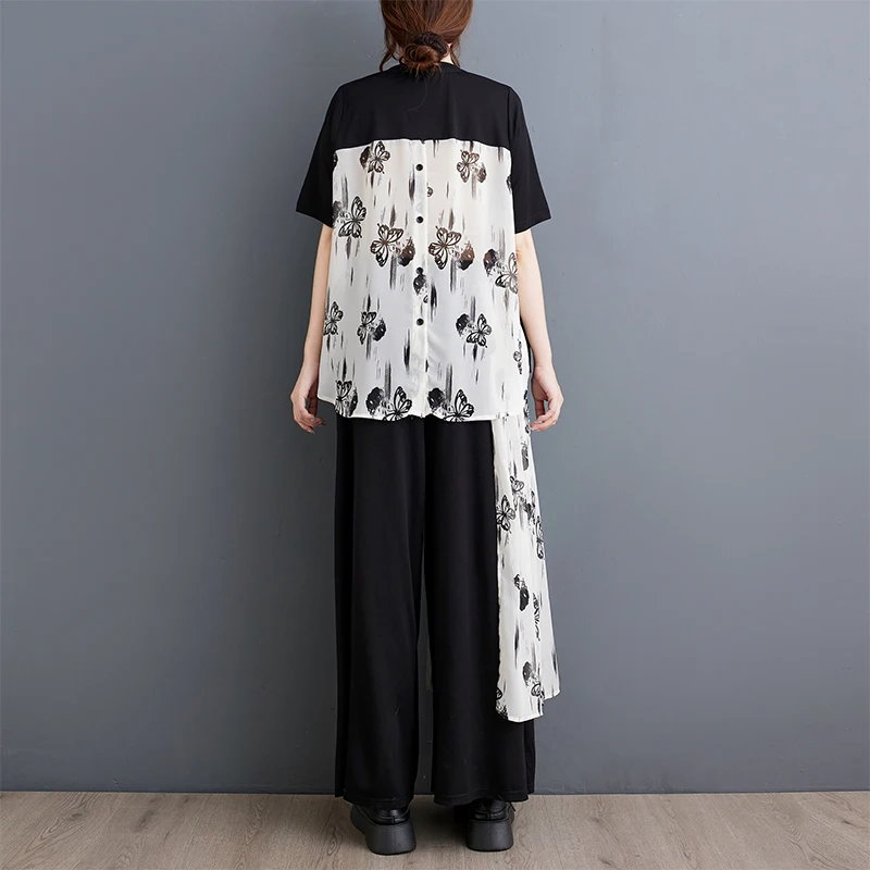 Verano nuevo suelto artístico Faion Print Ba Splice Top pantalones de pierna ancha conjunto de dos piezas poliéster para mujer ort Sve...