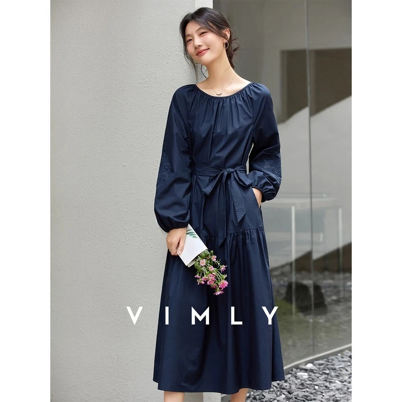 

VIMLY Dresses 2025 Long Woman 2025 Autumn French Round Neck Dress Pure Cotton Embroidered Hollow Out A-line Female Dress A2013