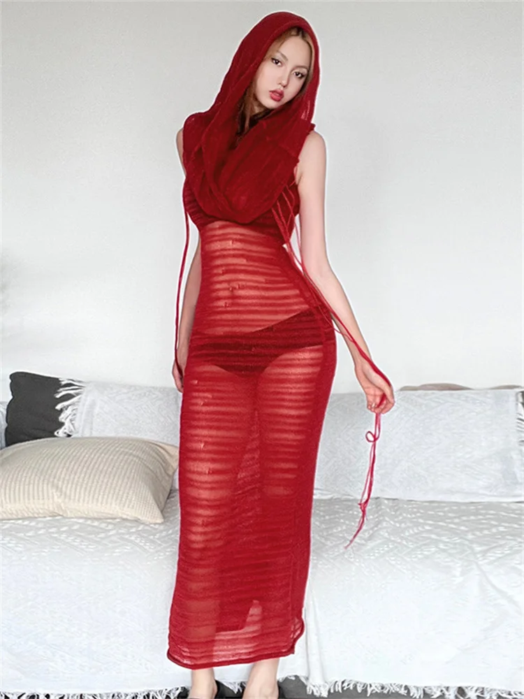 فستان Insglas شفاف من خلال فستان كروشيه مثير بقلنسوة وياقة كومة بدون أكمام ماكسي Bodycon موضة الحفلات المسائية والمناسبات