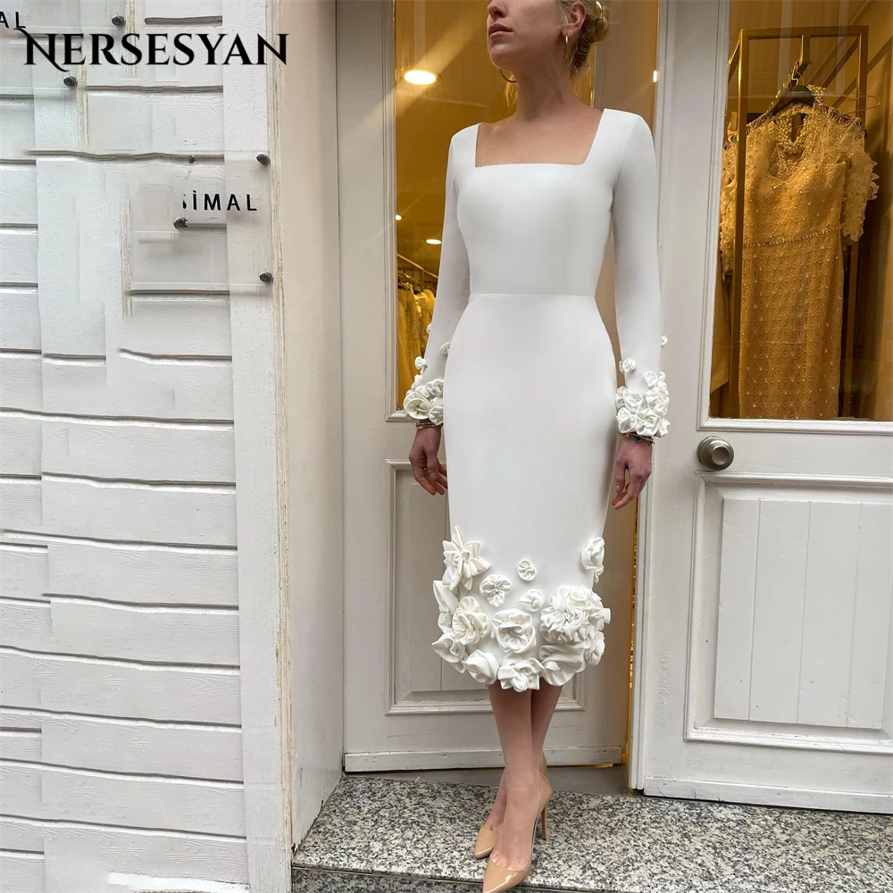 Nersesyan Elegant 3D Flowers Bridal Gowns For Wedding Square Collar Long Sleeves Bride Dress Tea Length robe de mariée Pure 2024