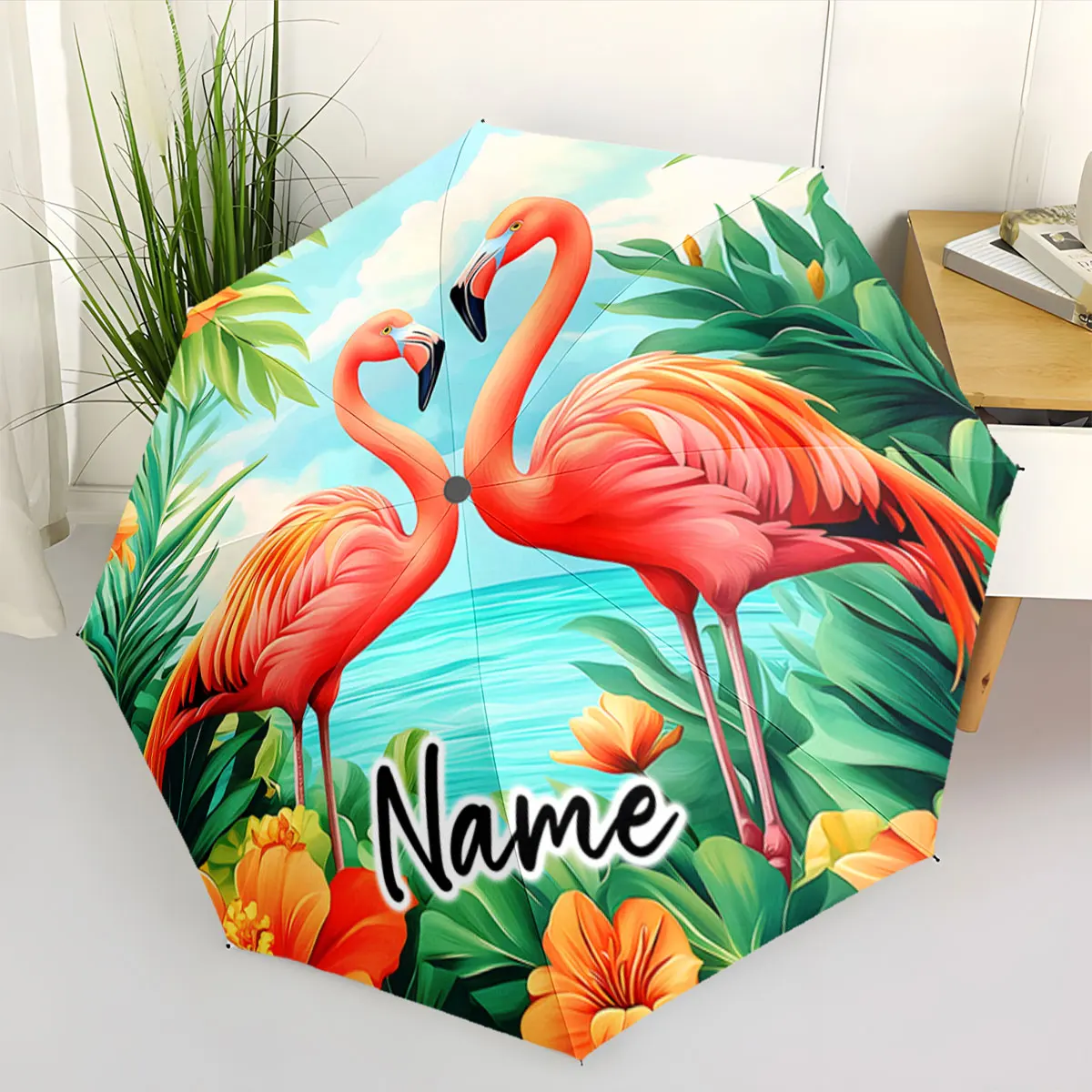 Custom Name Umbrella Bright Flamingo Umbrella in Tropical Design Print 8 Iron Ribs Folding Umbrella Auto-Open Fashion Sunshade