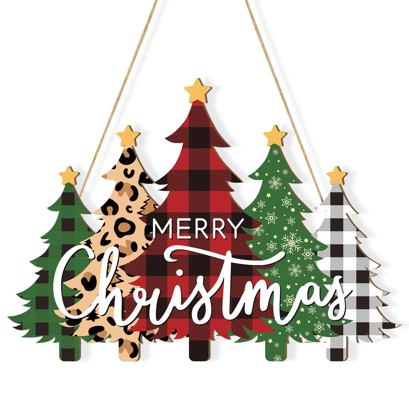 Wooden Christmas Tree Hanging Sign Merry Christmas Plaid Leopard Print Ornament Xmas Tree Decoration Home Wall Door Decor Gift