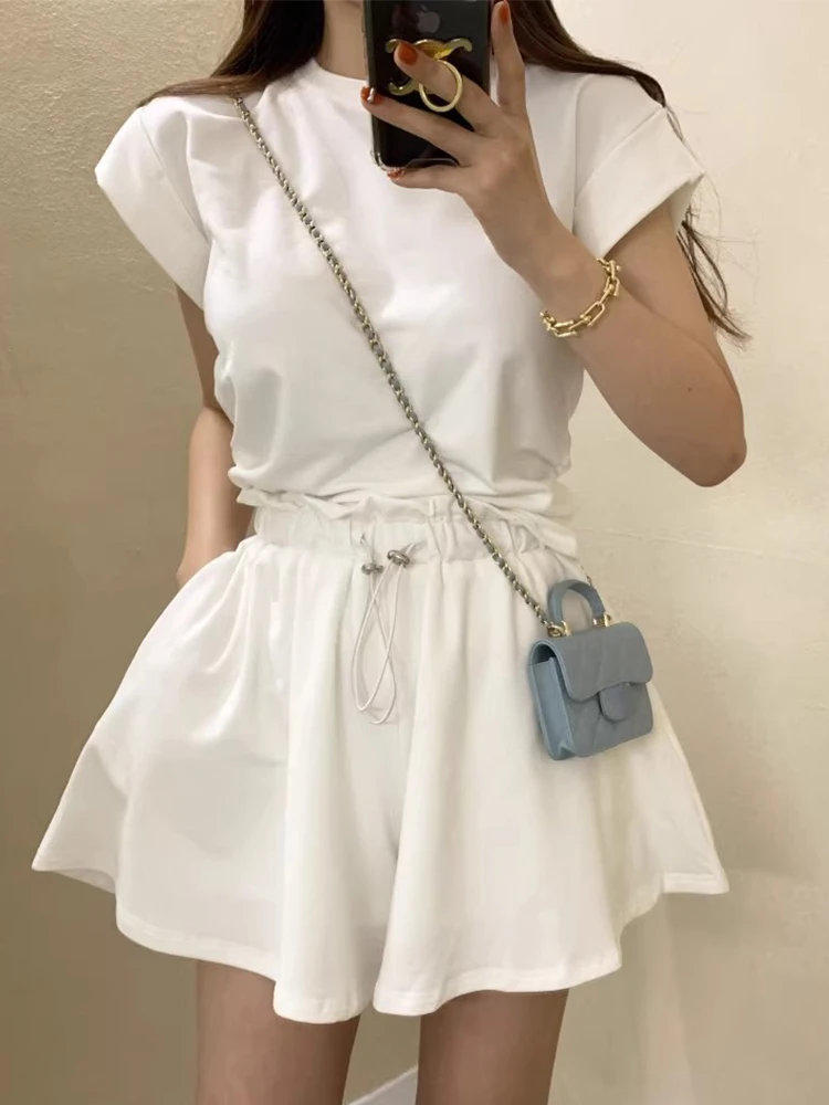 South Korea Chic Summer Temperament Suit Female Back Slit Strap Short Sleeve T-shirt Top+Drawstring Wide Leg Shorts 2 Piece Set