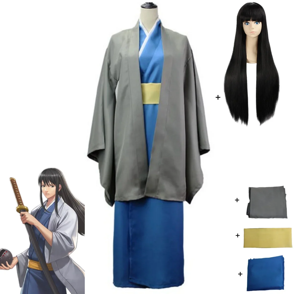 Anime GINTAMA Katsura Kotarou Cosplay Costume Japanese Kimono Cloak Bathrobe Uniform Wig Adult Man Woman Birthday Party Suit