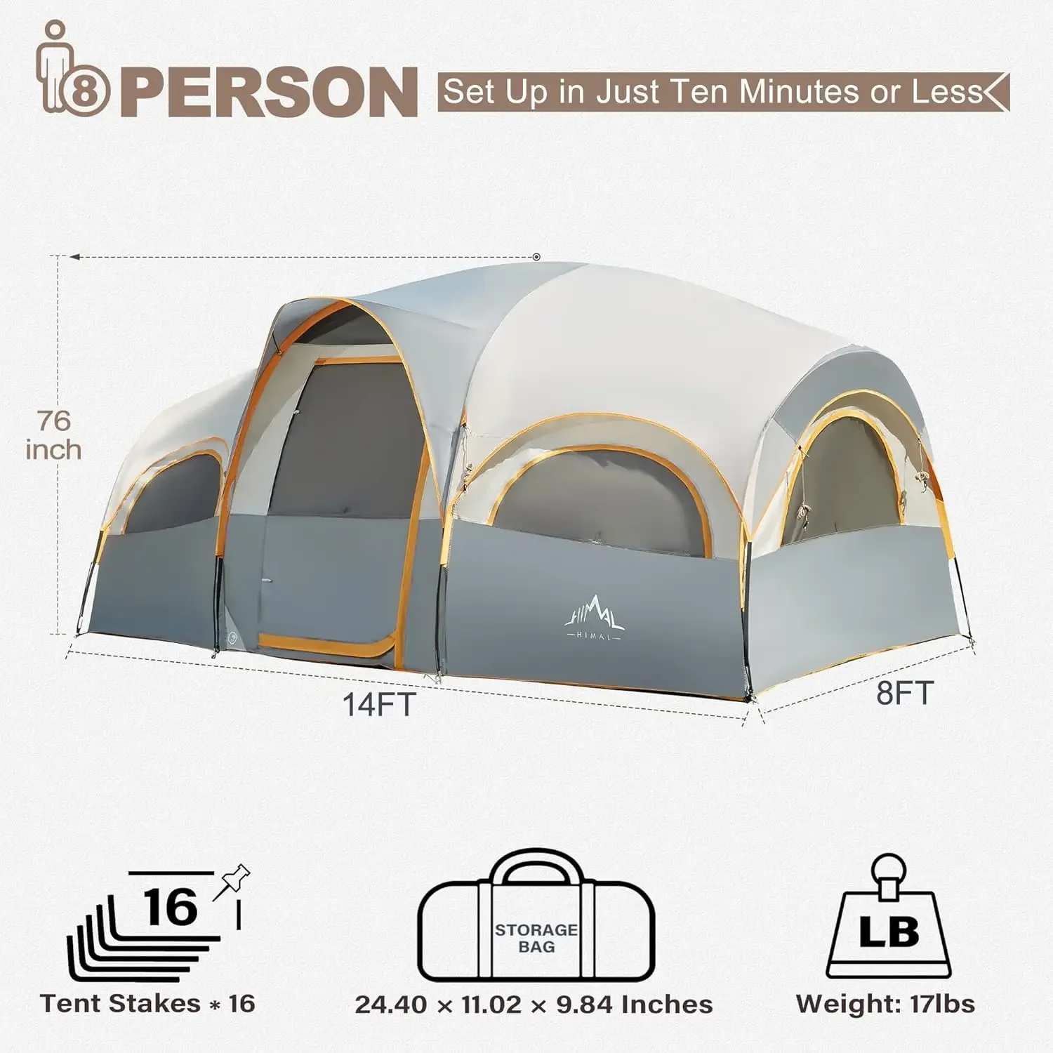 8 Person Tent for Camping, Waterproof Windproof Family Tent with Rainfly, Divided Curtain Design for