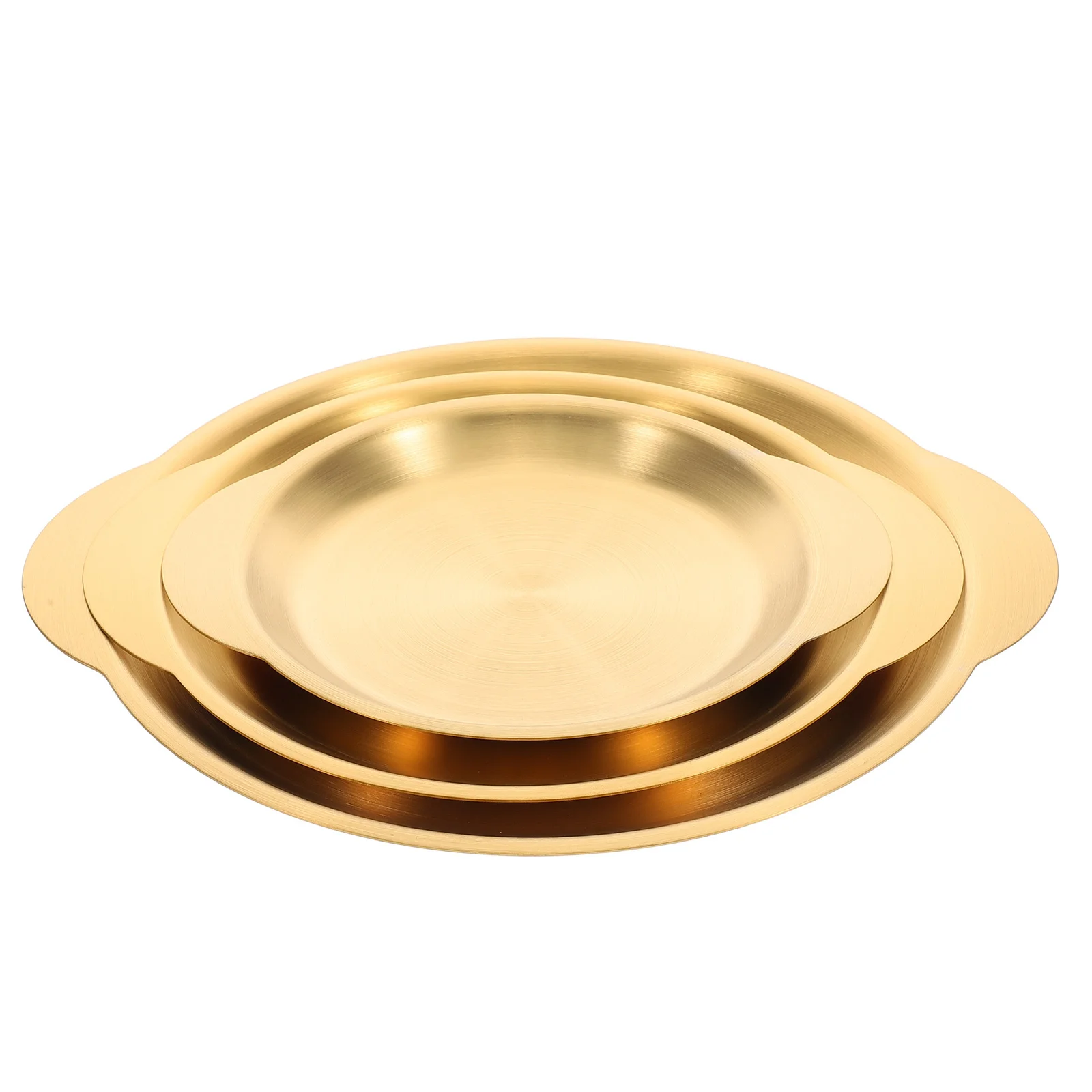 

3pcs Stainless Steel Snack Plate Korean Design Golden Accent Round Shallow Serving Tray For Fruits Desserts Appetizer Camping