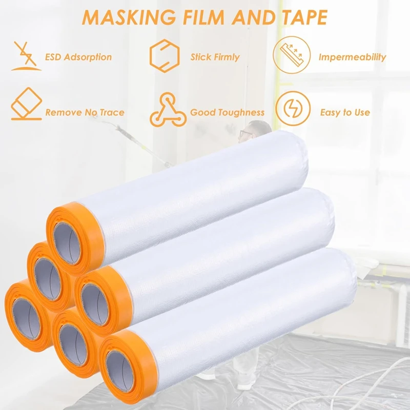 Top Deals 6 Rolls Painters Plastic With Tape, Pre-Taped Masking Film, Automotive Best Tape And Drape,For Covering Skirting