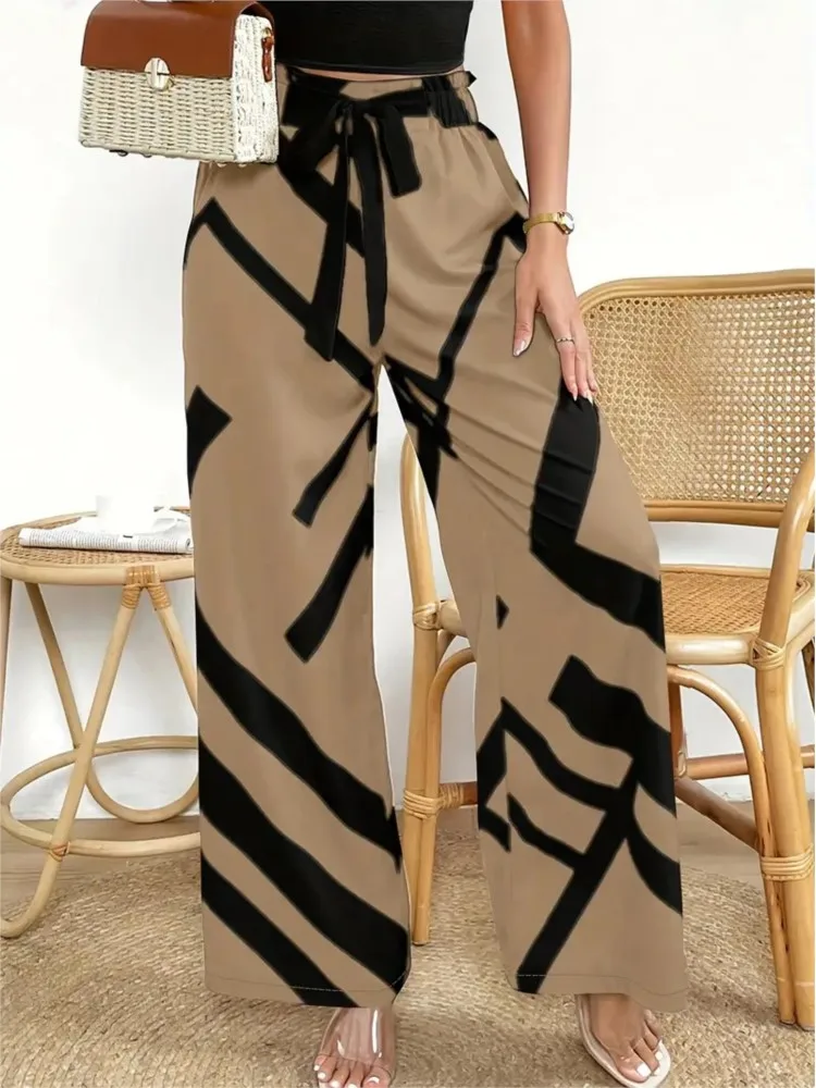 Fashion Women's Printed Pants Spring Autumn Casual Daily Wide Leg Pants 2024 Streetwear 2024 New Lace Up Wide Leg Pants