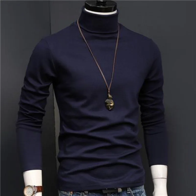 2023 new Men Long Sleeve Pullover High Neck Turtleneck Stretch Slim Basic T Shirt Tee Top Knitwear