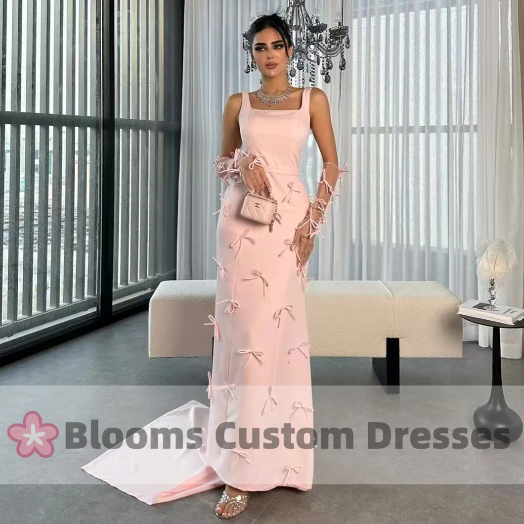 

Blooms Bows Square Neck Evening Dresses 2024 Sleeveless Prom Dress Long Train Wedding Guest Formal Occasion Gown
