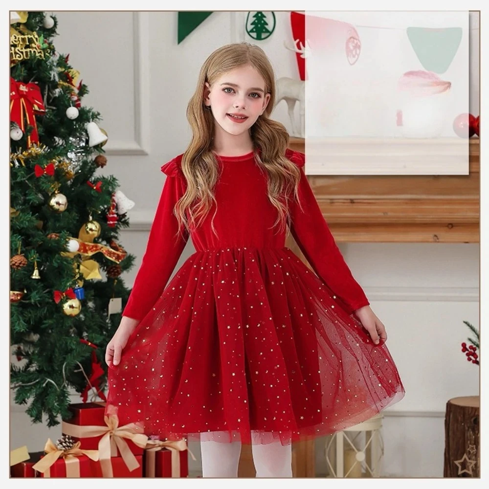 

Осеннее милое и милое платье для девочек, сетчатое платье принцессы с длинными рукавами и блестками, костюм для рождественской вечеринки для детей