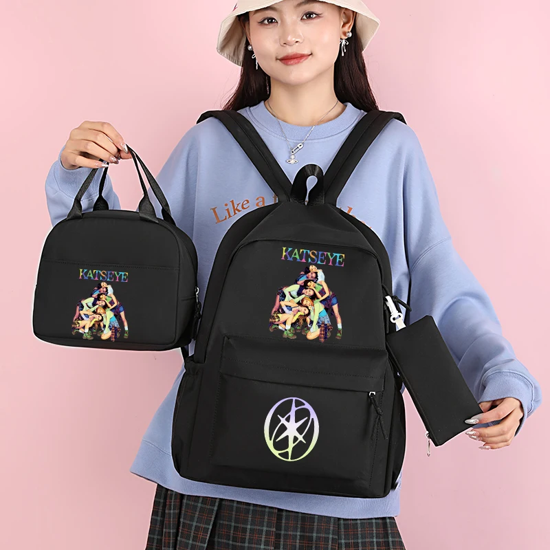 Teen Girls Katseye Print School Bag 3Pcs Set Casual Rucksack Backpack Matching Lunch Tote Bag and Stationery Pencil Case Kit