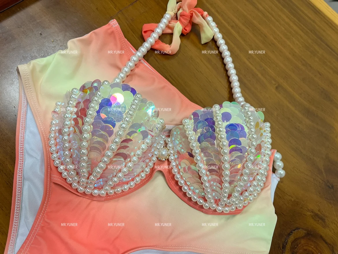 Original Design Mermaid Bra Mermaid Sequin Corset Sequin Pearl Corset Free Diving Bikini Oceanarium Performance Costume