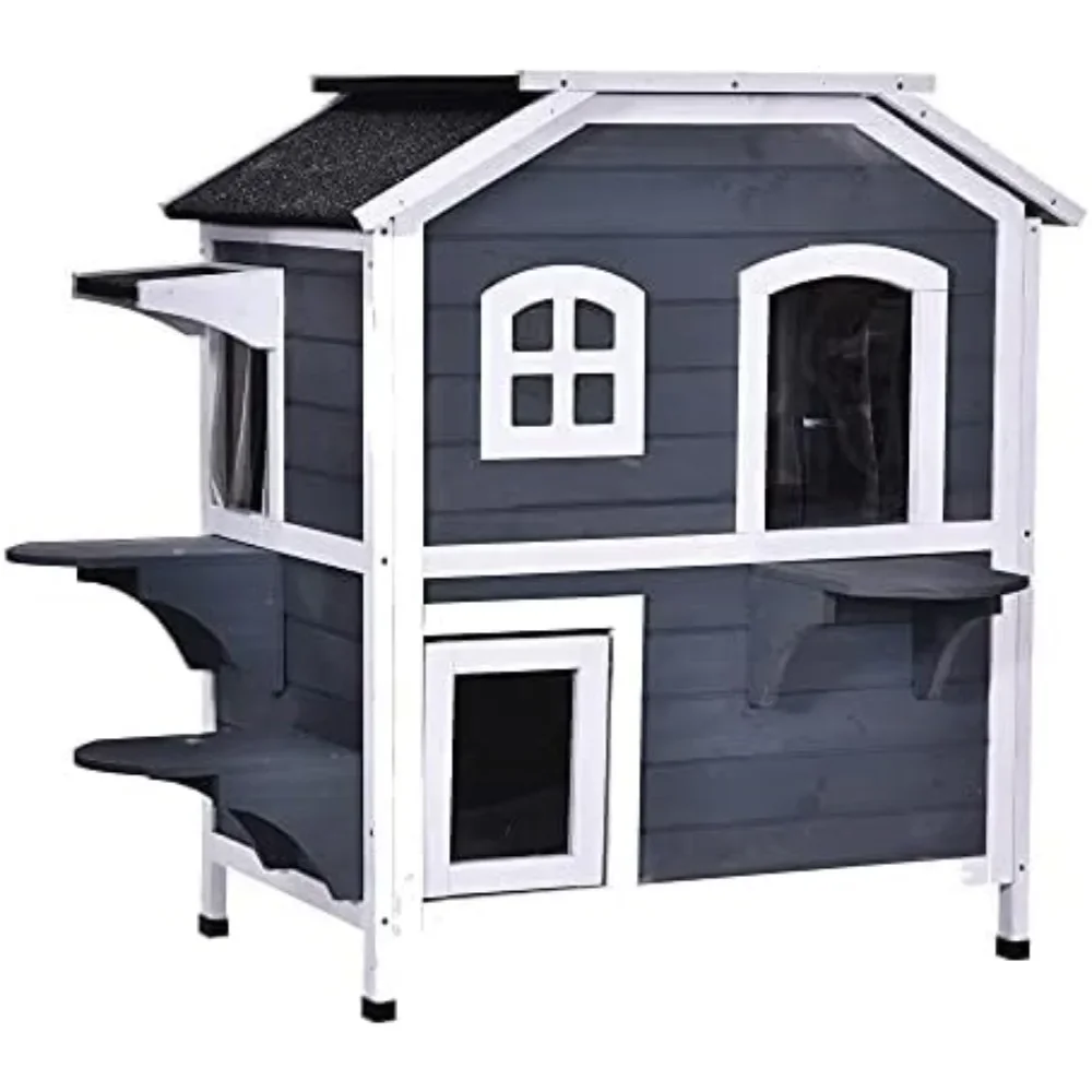 

2-Story Outdoor Cat House - Weatherproof Wooden Enclosure for Feral Cats with Escape Door, Openable Roof