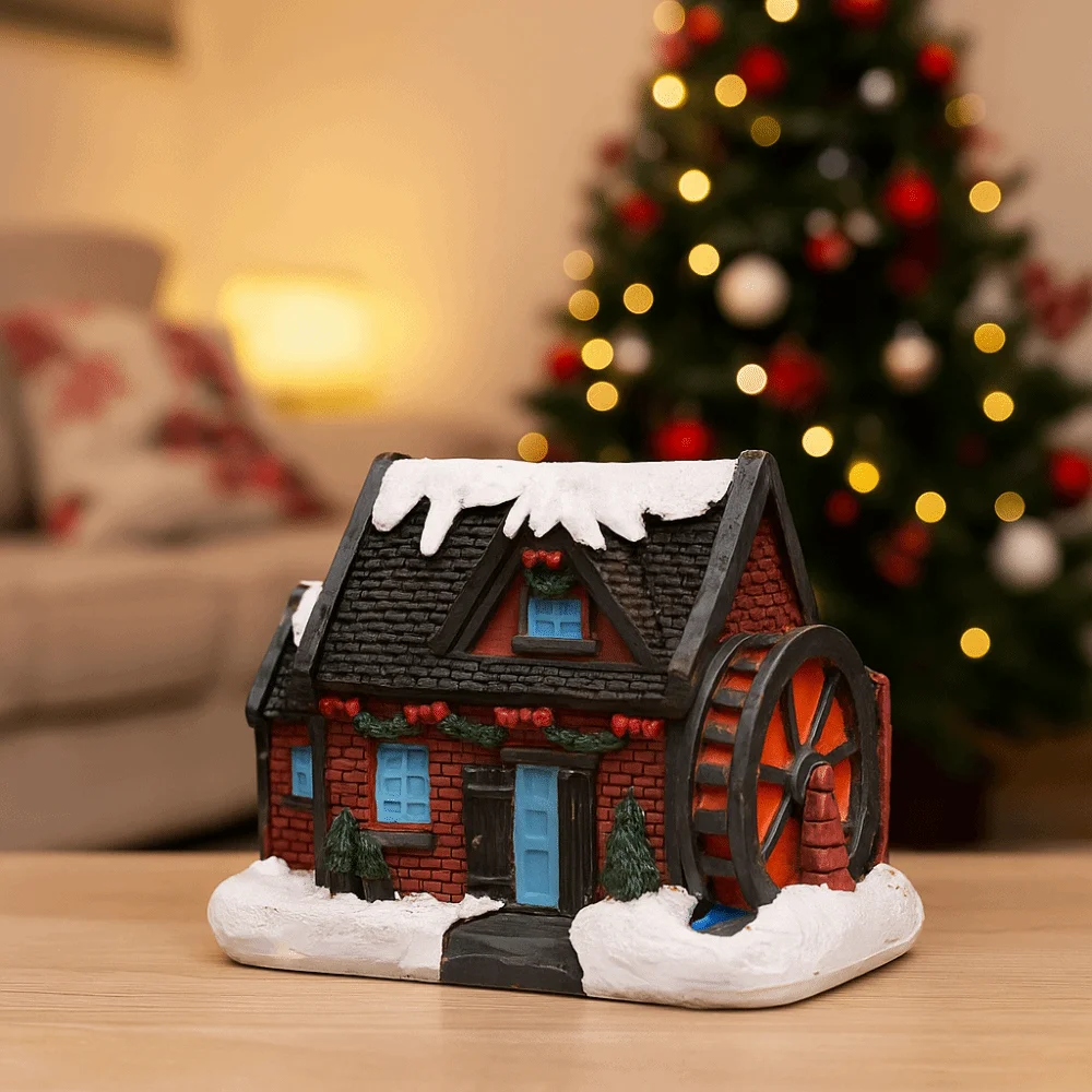 Uroczy Świąteczny Świecący Domek Mały Domek z Podświetleniem LED Ciepłe Światło Świecący Domek Śnieżny z Żywicy Elegancka Ozdoba Domu Upominki na Przyjęcia