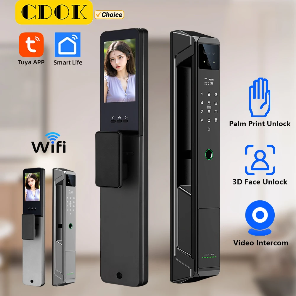 

CDOK P85 Tuya WiFi fully automatic face fingerprint lock, Remote intercom remote unlocking, remote visual cat eye