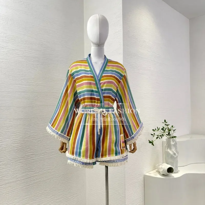 Multi Color Striped Print Long Sleeve Warp Blouse Tops and Shorts Sets 2025