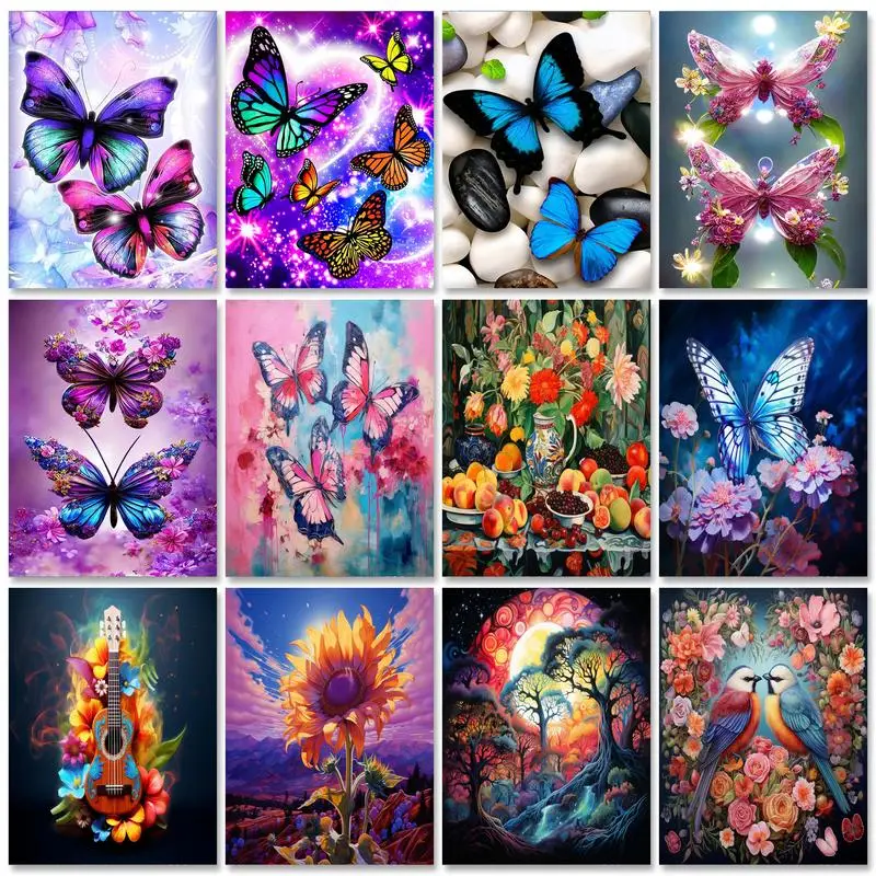 

GATYZTORY 5D DIY Diamond Embroidery Butterfly Full Round Diamond Painting Animal Diamond Mosaic Flower Decor For Home