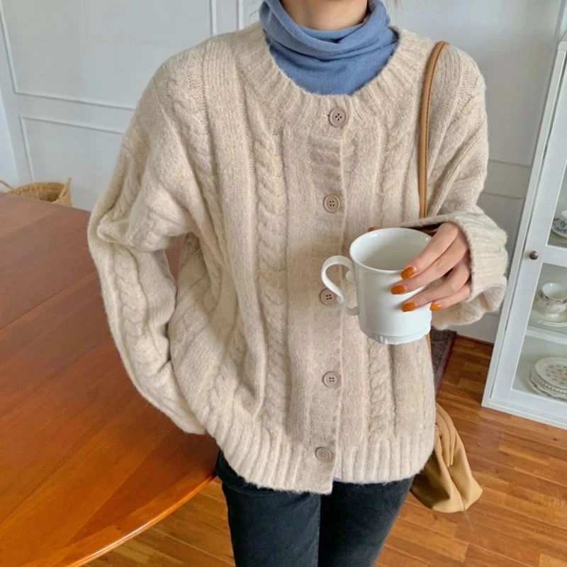 Rimocy Korean Fashion Round Neck Cardigan Women Long Sleeve Twist Knit Sweater Coat Woman Solid Color Chic Cardiagns Female