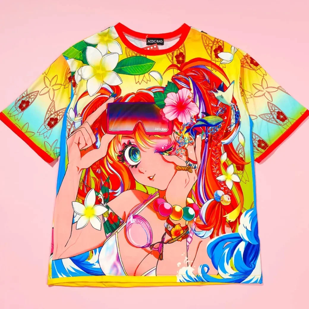 2026 New Harajuku Y2K Summer Beach Anime Girl T-shirt Full Print Tropical Wave Surfboard Red Edge Adult Children