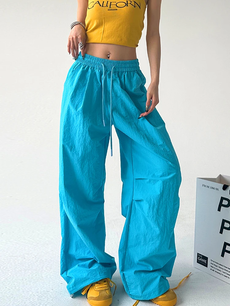 

American Style Retro Drawstring Pleated Paratrooper Pants Overalls Women's Loose Straight Casual Pants Trendy Trousers