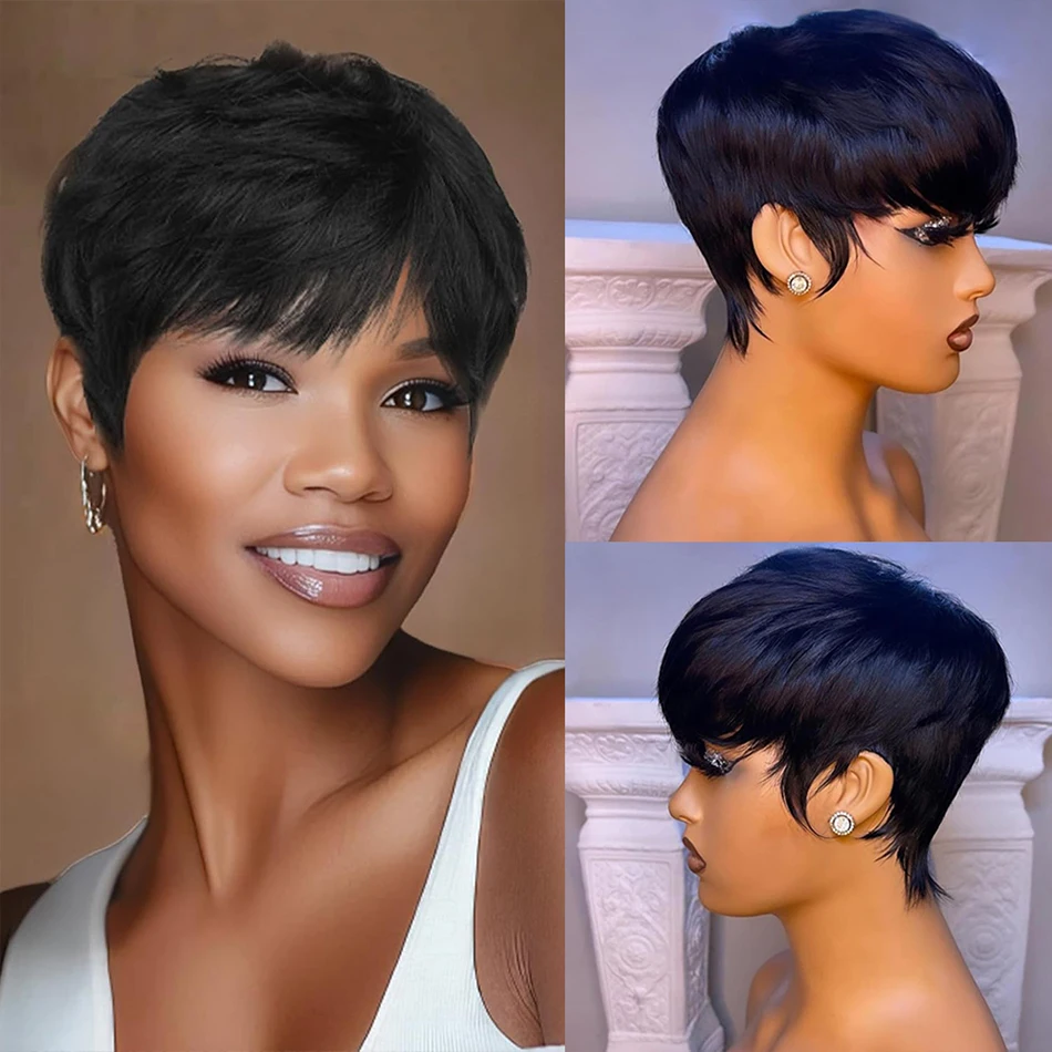 

100% Brazilian Virgin Donor Human Hair Short Bob Straight Pixie Cut Wigs Wear And Go 4x4 HD Lace Closure Glueless Wig with Bangs