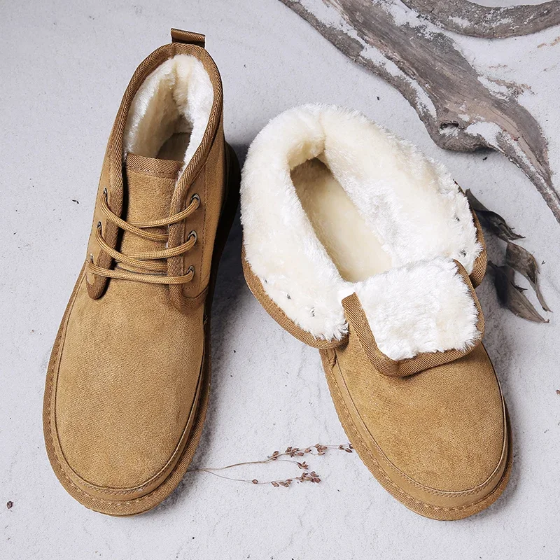 Winter Men Shoes Warm Fur Snow Boots Waterproof Suede Furry Leather Ankle Chelsea Boots Male Fluffy Plush Shoes Outdoor Footwear