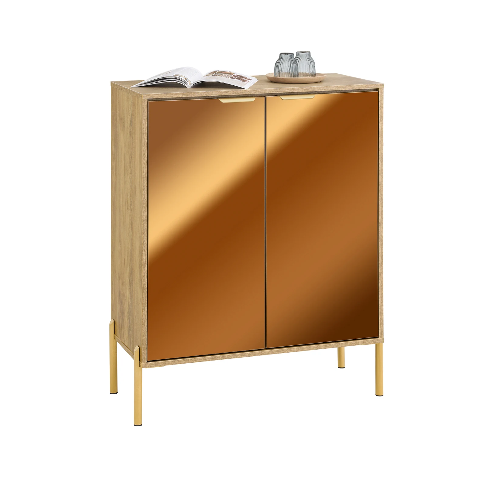 SoBuy FSB96-G Aparador moderno con puertas de cristal espejado y buffet dorado con 5 compartimentos y estantes para salón pasillo