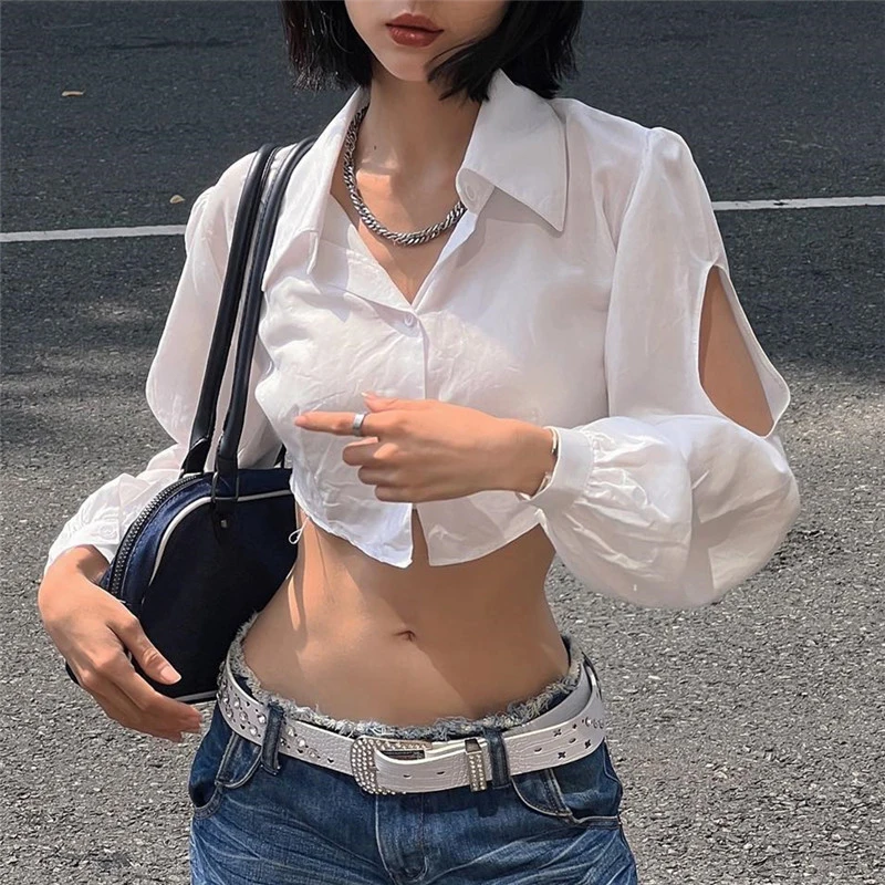 MEXZT Y2K 2000S Cropped White Shirts Women Sexy Hollow Out Long Sleeve Blouses Summer Streetwear Korean Slim Chic Crop Tops New