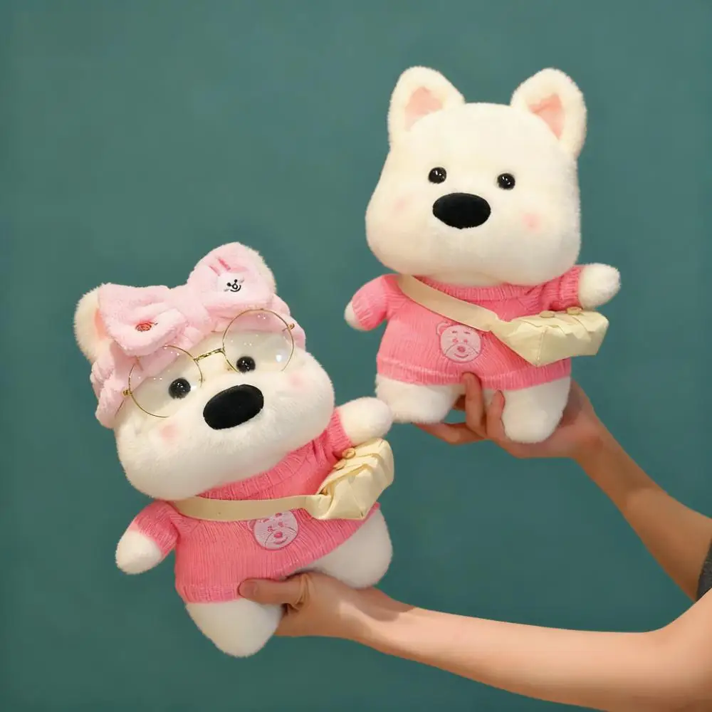 웨스트 하이랜드 도그 플러시 토이 드레스업 헤어밴드와 모자 포함 소년 소녀 아이 동반자 봉제 인형 귀여운 카와이 선물