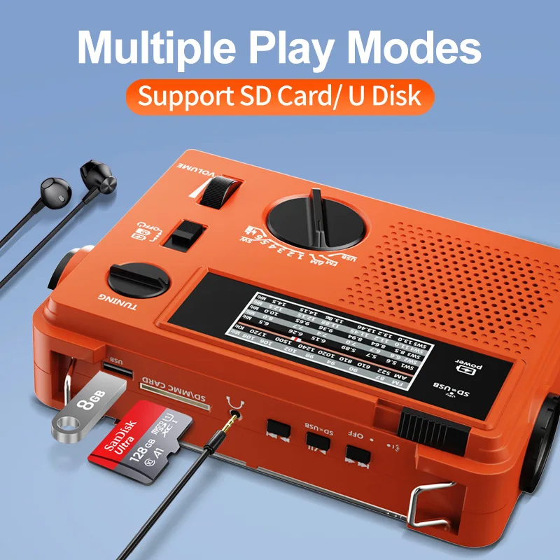 

Emergency Hand Cranked Radio AM/FM/SW Multi Band Radios USB Flash Drive TF Card Insertion Music Player with Outdoor Lighting