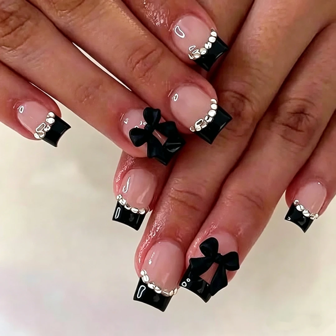 Black French Tips Fake Nails for Women Short Ballet Press On Nails Bowknot/Rhinestone Decor Full Cover Detachable False Nails