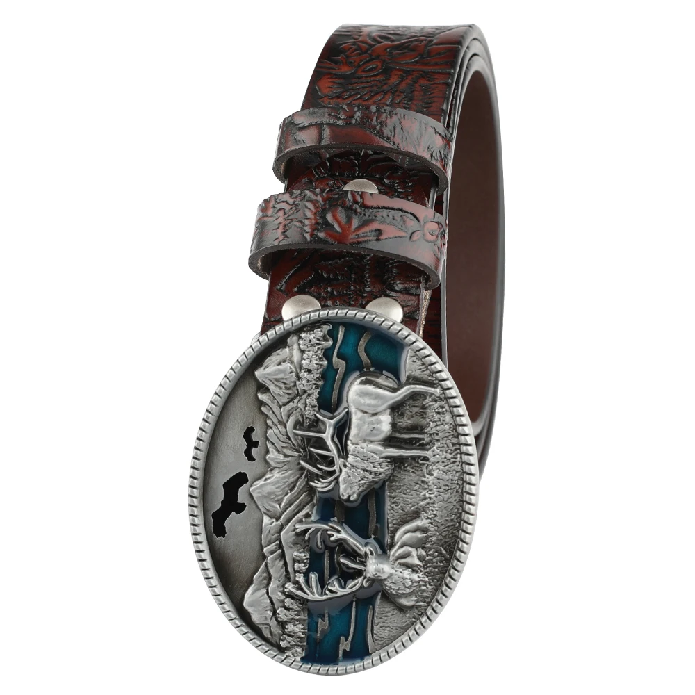 Men's Belt Embossed Deer Genuine Leather