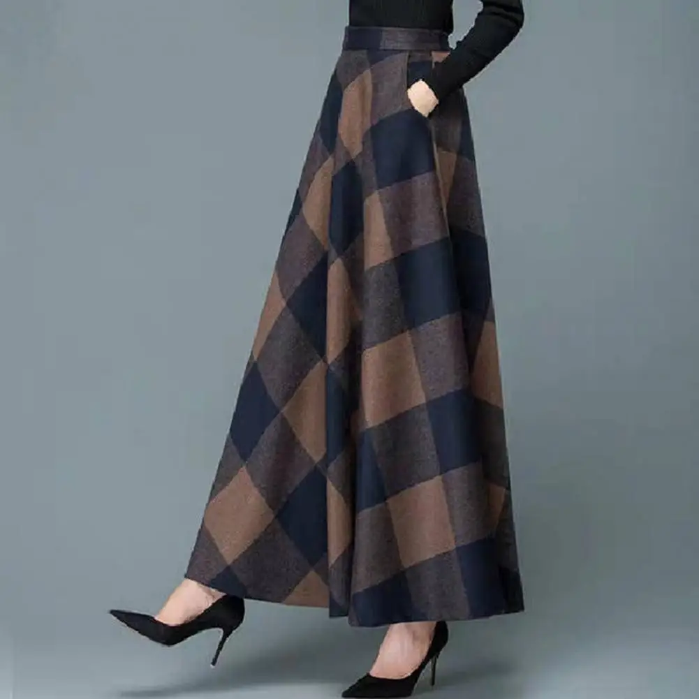 Women Woolen Skirt Elegant Woolen Maxi Skirt with Pockets Plaid Pattern A-line Design High Waist Elastic Waistband for Wear