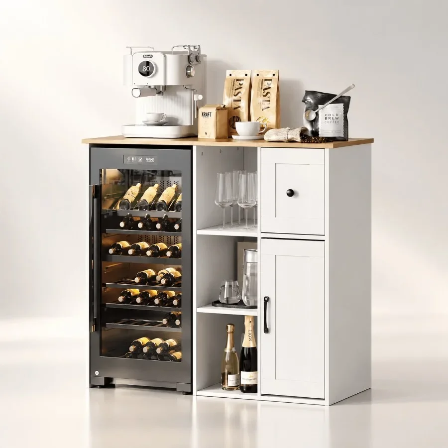3-Tier Coffee Bar Cabinet Mini Fridge Stand with Storage Power Outlet for 24 Wine Fridge, Wood Finish, Black, Space-Saving Desi