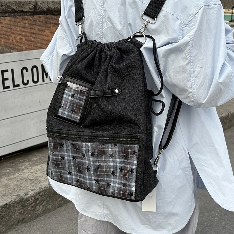 Stars Embroidery Denim Ita Bag with Checkered Lining - Convertible Crossbody/Backpack, Lightweight, Anime/Kpop Fans, Daily Use