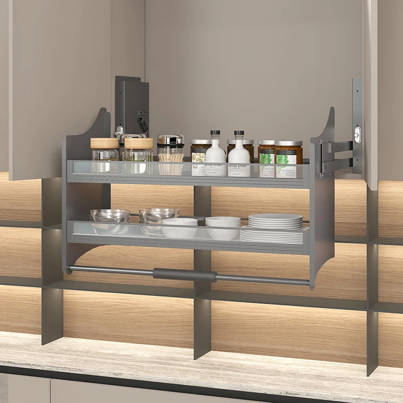 Modern Kitchen Hydraulic Pull Down Dish Rack Elevator Lifting Metal Storage Shelf