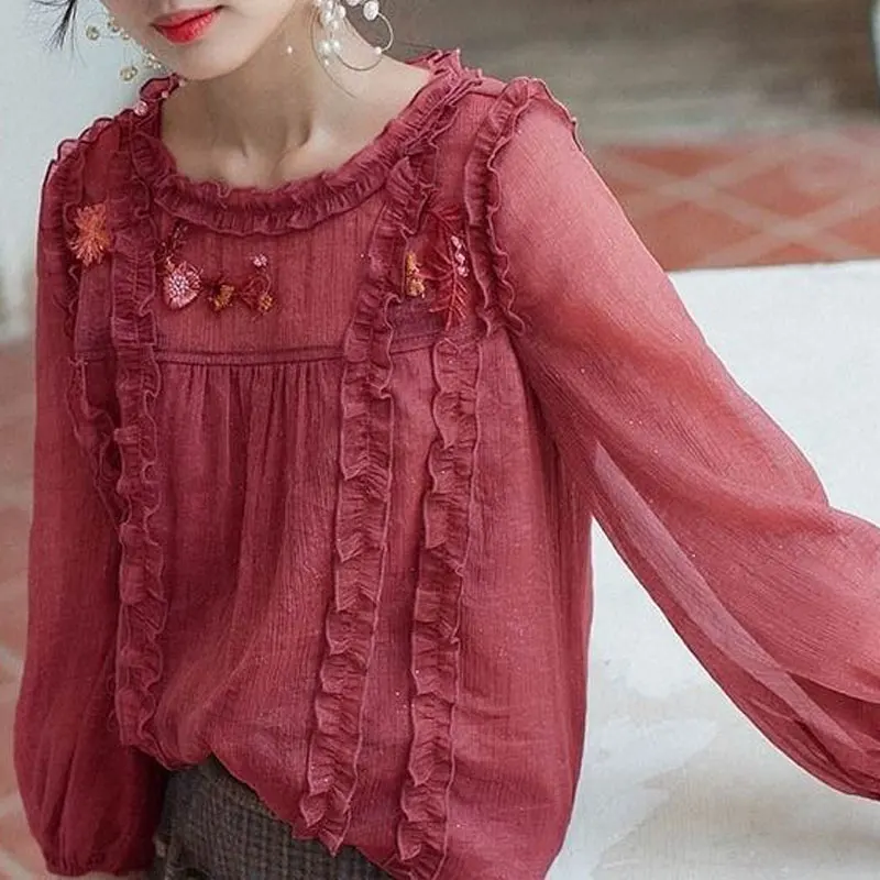 Female Clothing Vintage Solid Color Blouse Fashion Floral Embroidery Spring Summer Elegant Ruffles Spliced Casual O-Neck Shirt