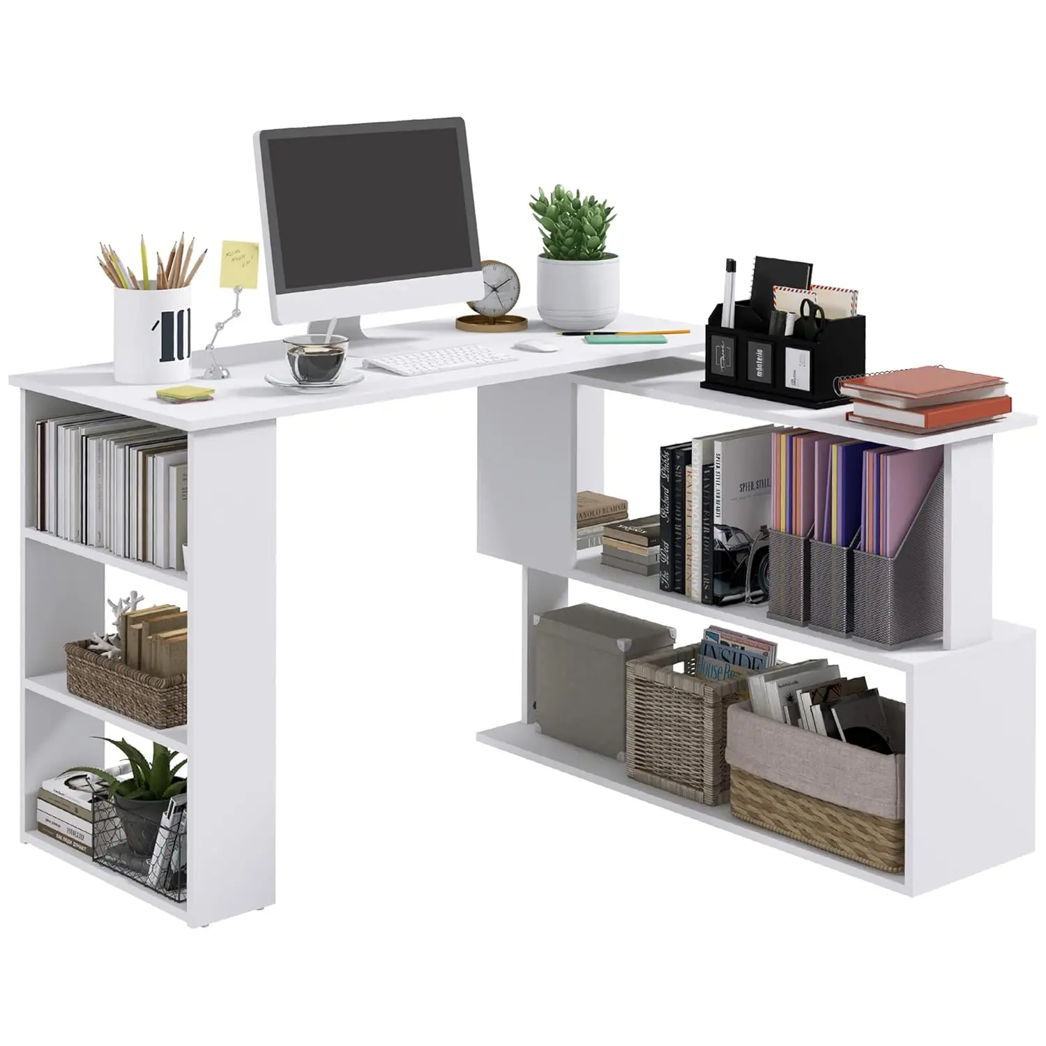 

47 Inch L Shaped Desk, Corner Computer Desk, 360 Degree Rotating Home Office Desk with Storage Shelves, Writing, Customized